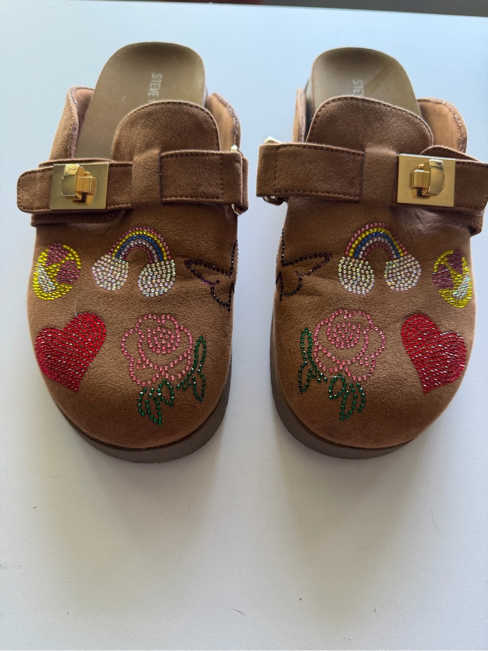 Steve Madden Brown Kids Clogs with Colorful Rhinestone Designs